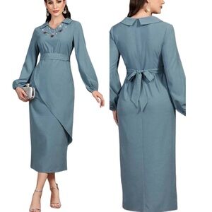Women's Diamond Decorated Turn-Down Collar Long Sleeve Dress